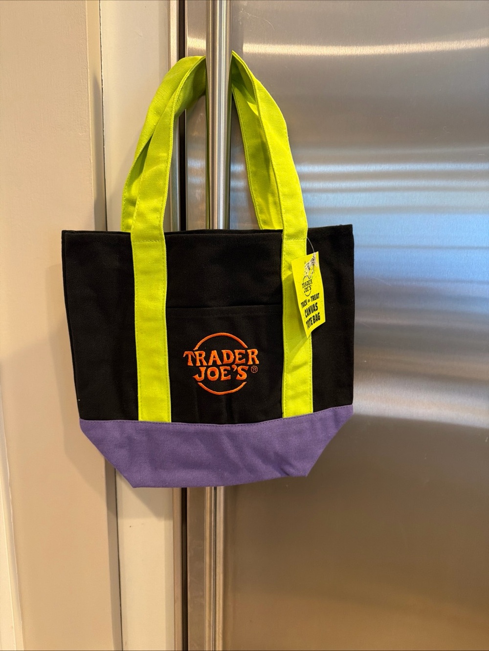 Trader Joe’s Black Canvas Tote with Lime Handles and Purple Base